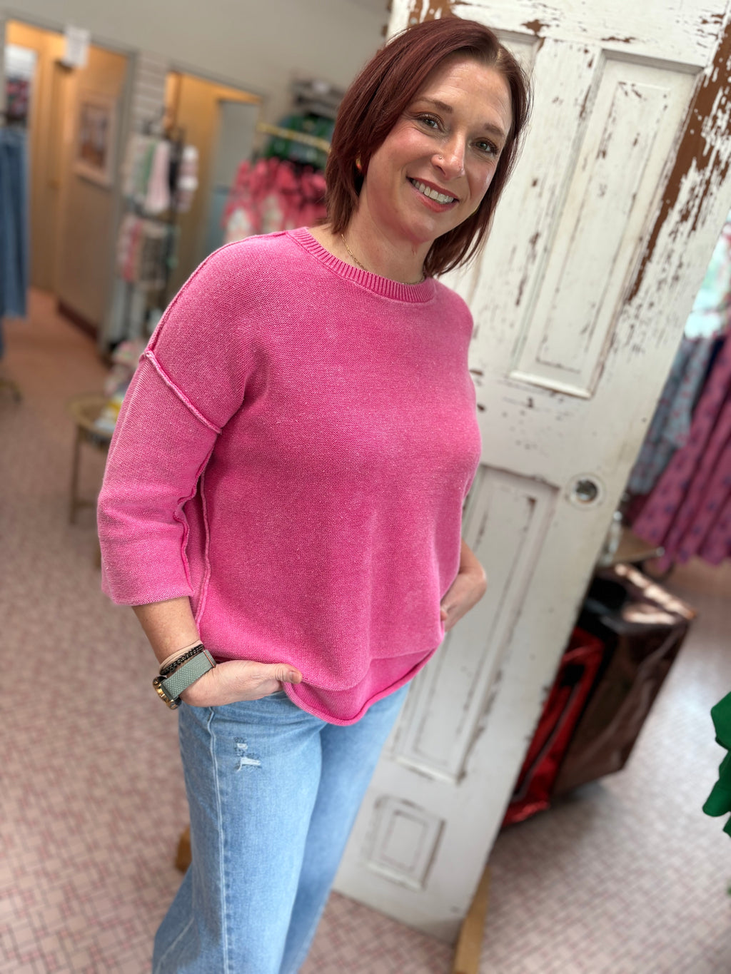 Washed 3/4 Sleeve Boxy Sweater