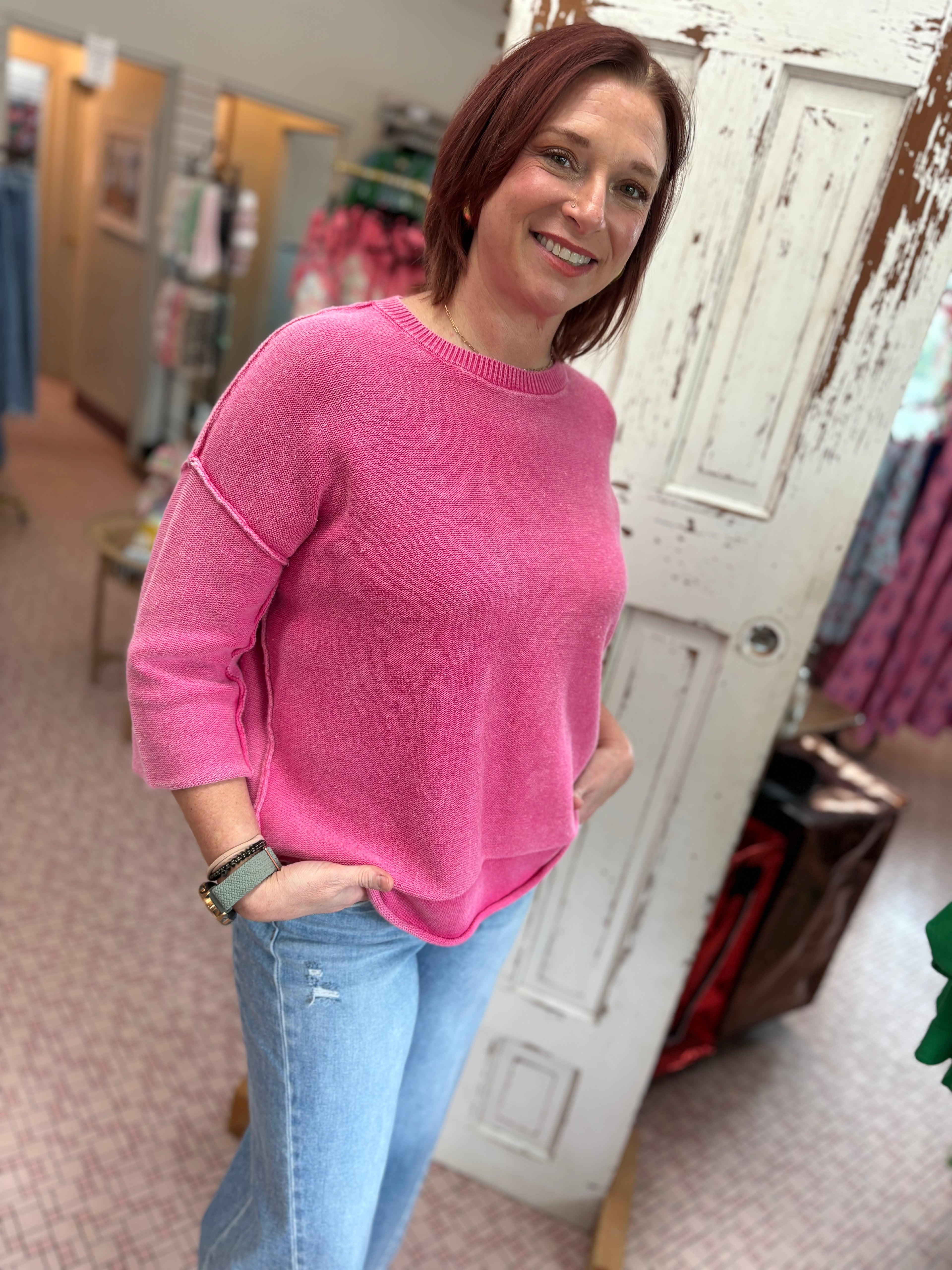 Washed 3/4 Sleeve Boxy Sweater