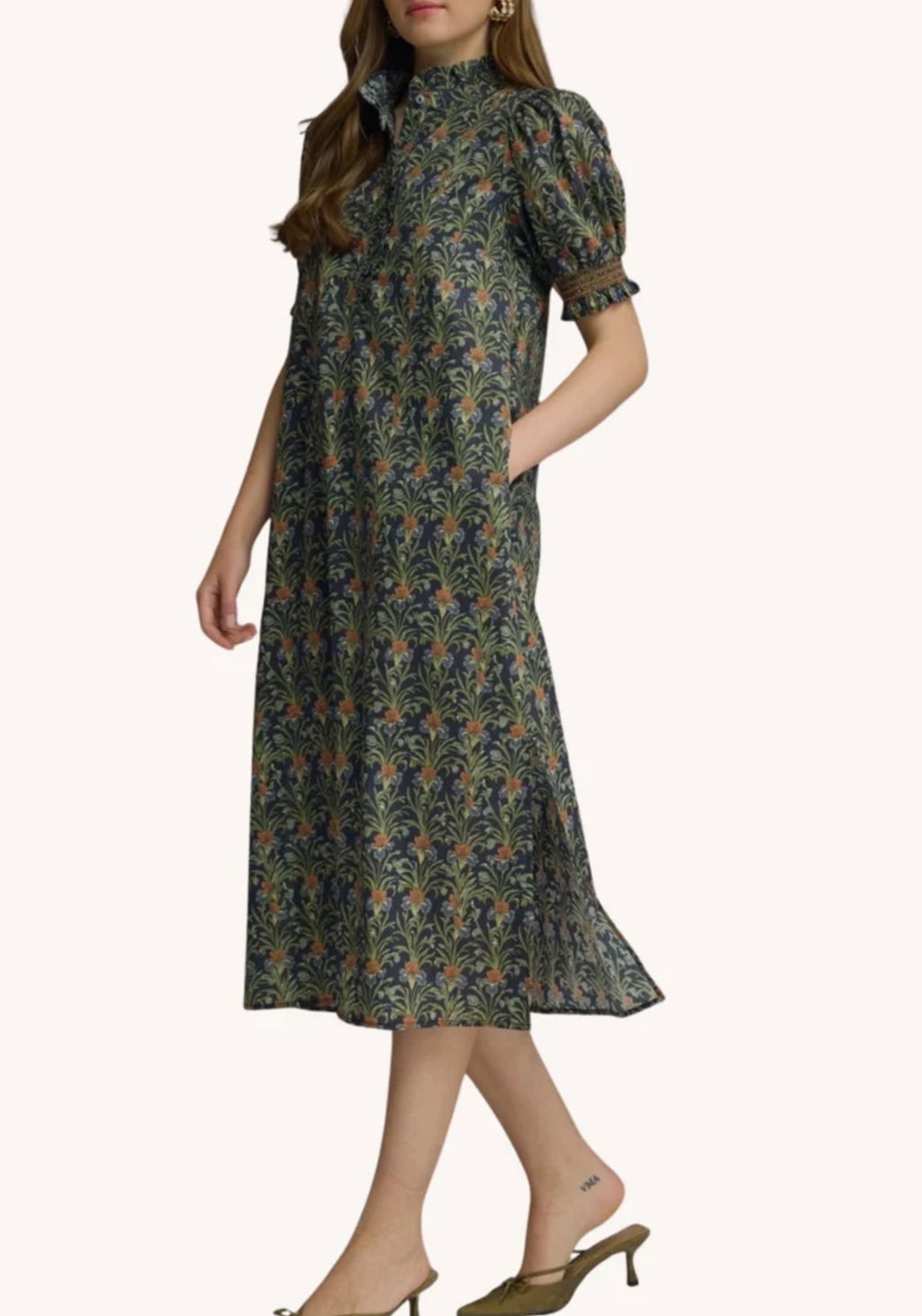 Floral print short puff sleeve midi dress