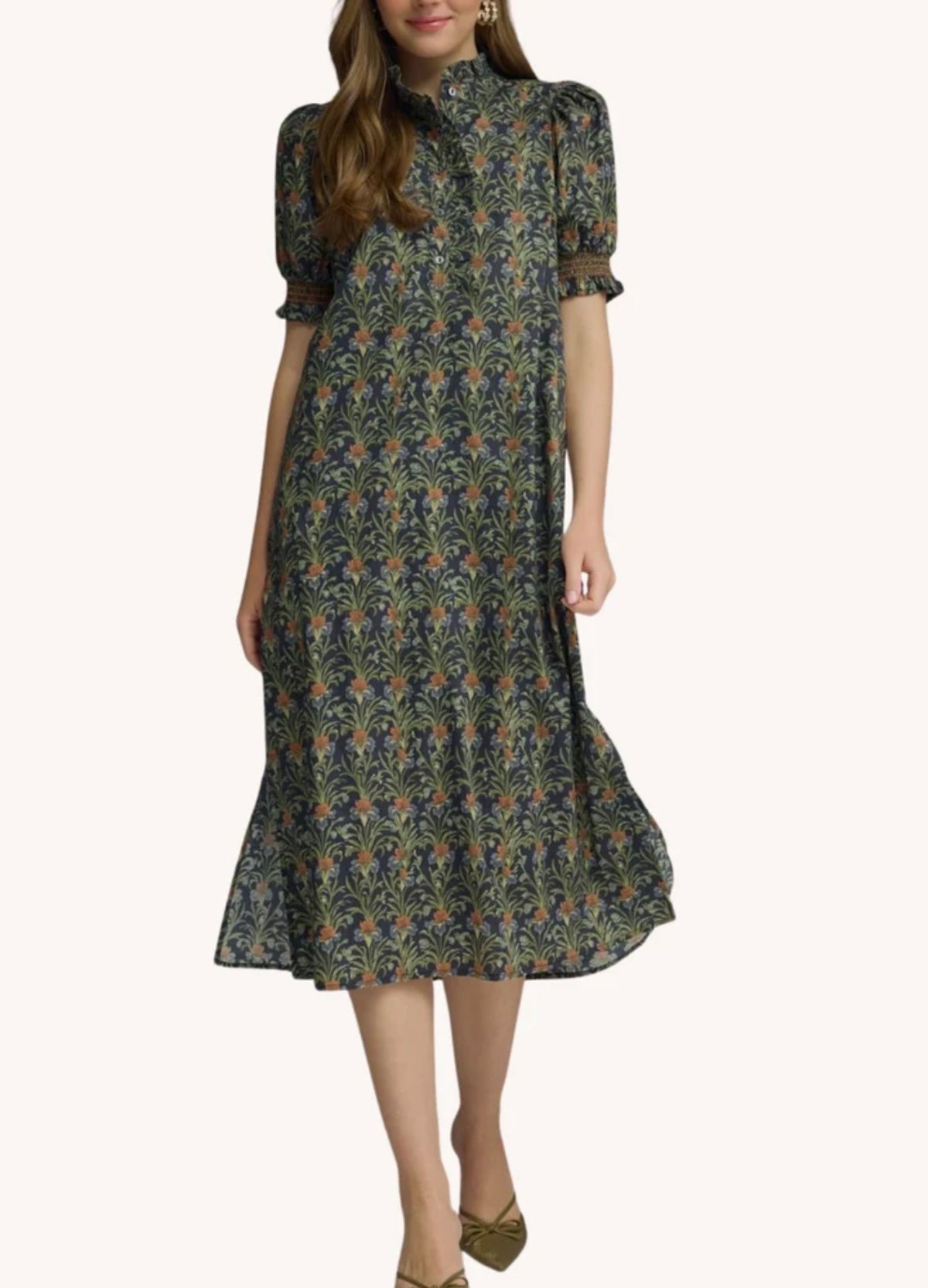 Floral print short puff sleeve midi dress