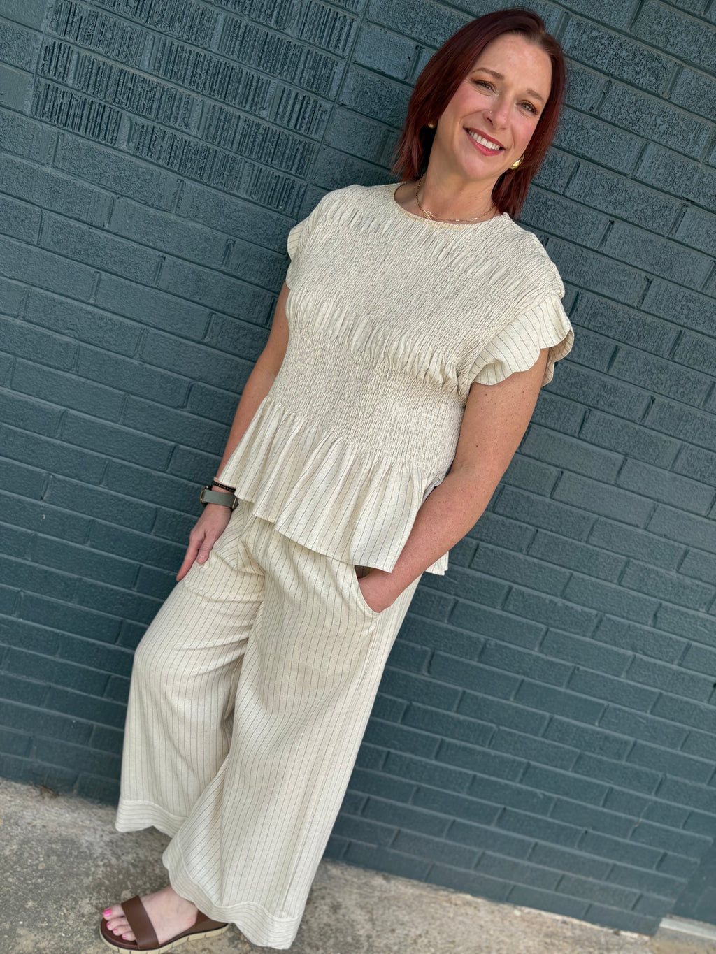 Pinstripe Smocked Flutter Sleeve Top