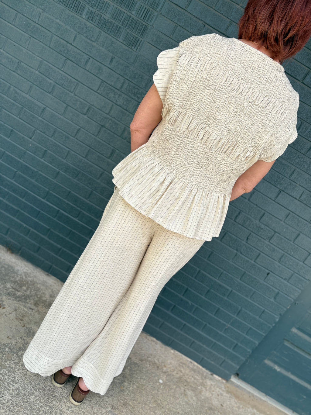 Pinstripe Smocked Flutter Sleeve Top