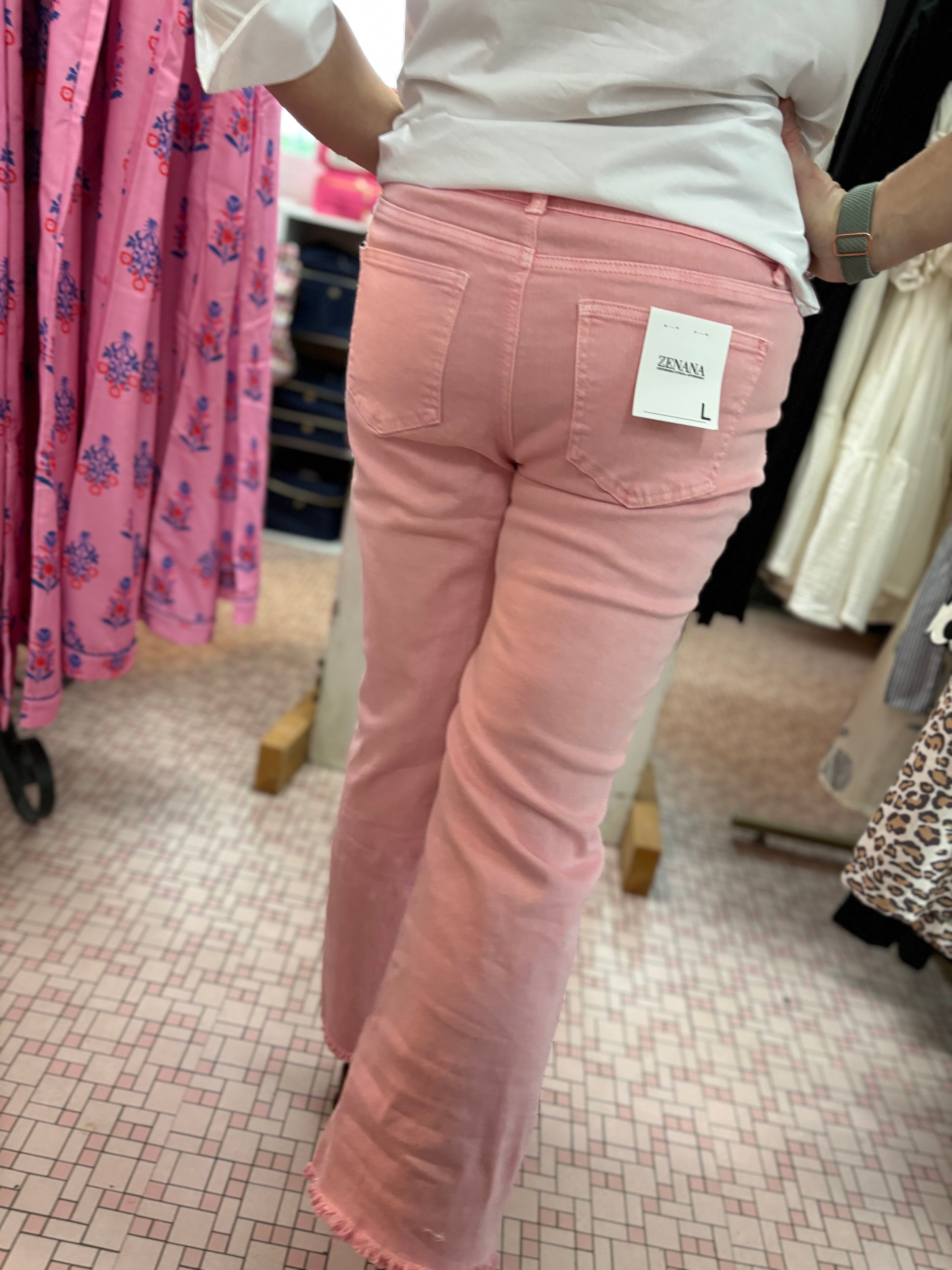 Acid Wash High Waisted Fray Hem Bootcut Pink