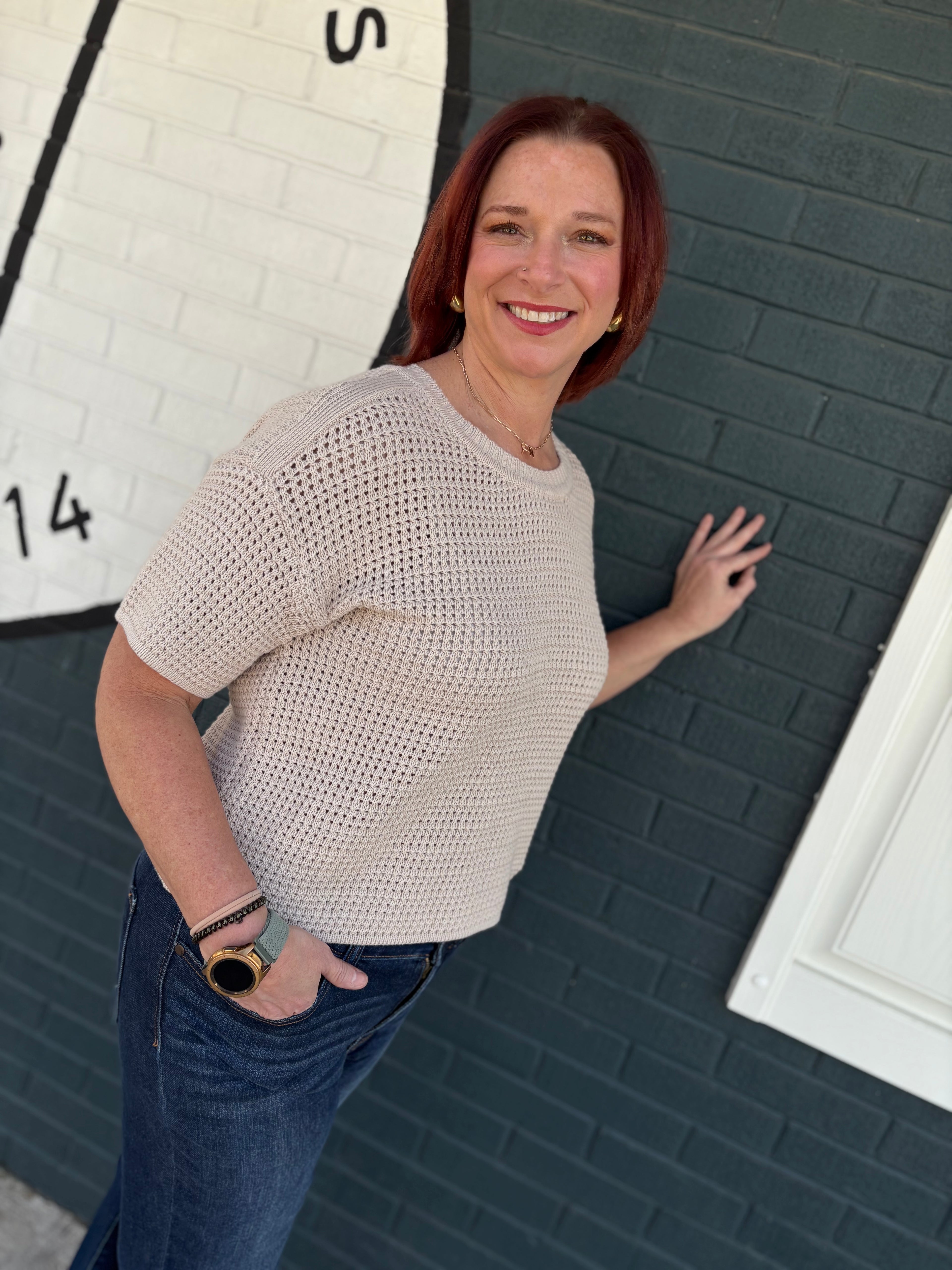 Waffle Knit Boxy Short Sleeve Sweater