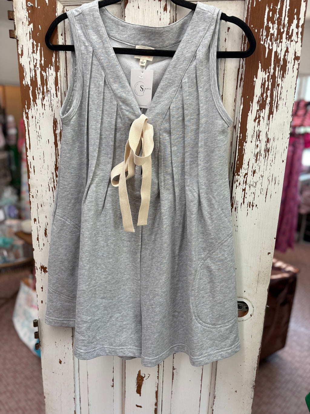 Front Tie Pleated Sleeveless Terry Romper