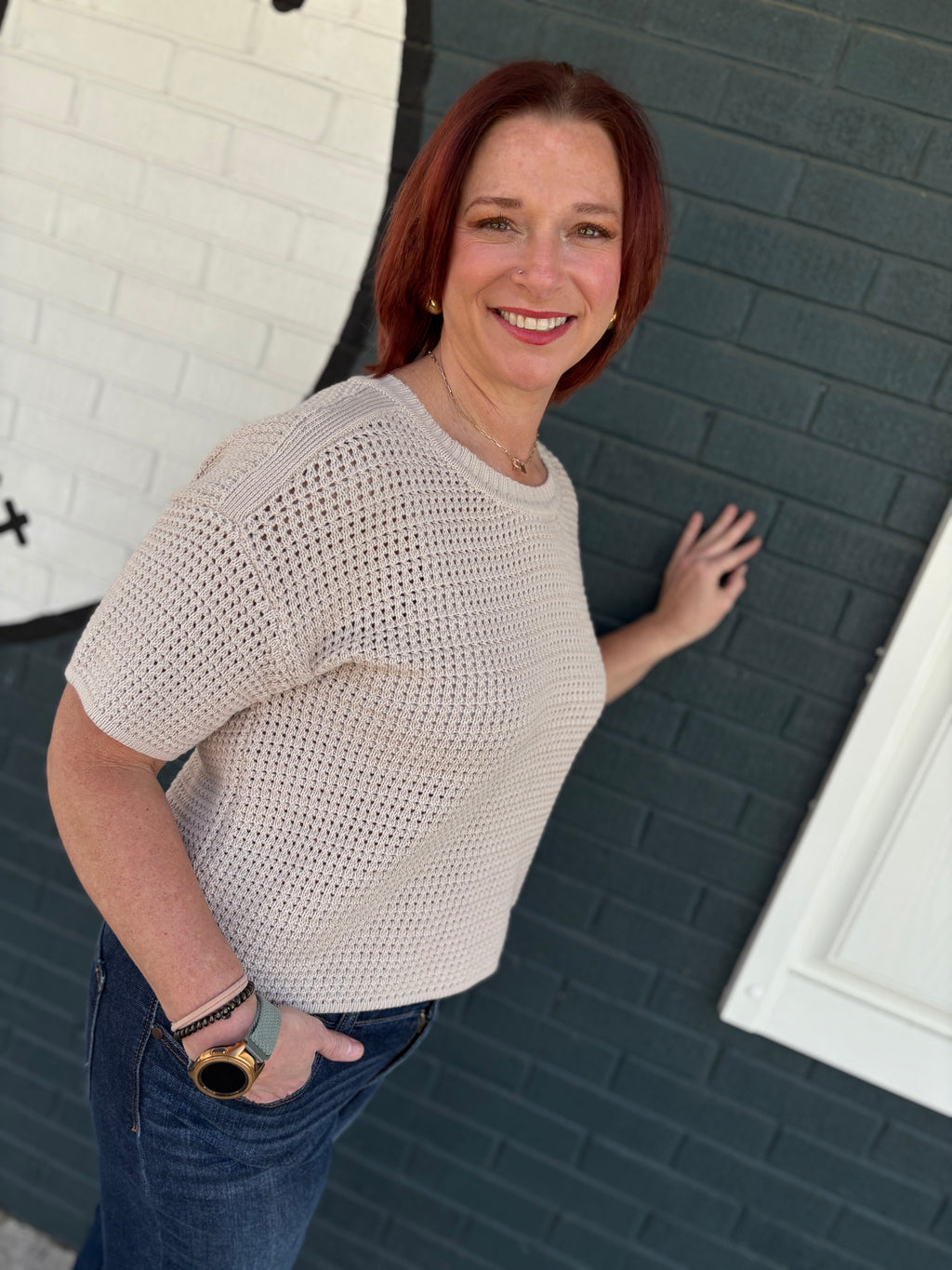 Waffle Knit Boxy Short Sleeve Sweater