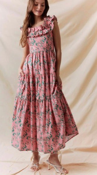 Floral Printed Ruffle Sleeve Maxi Dress