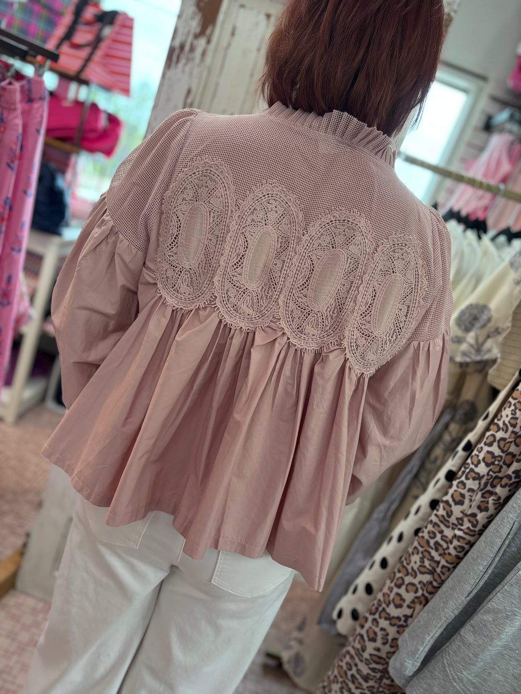Lace Applique Detail Mixed Media Long Slv Blouse