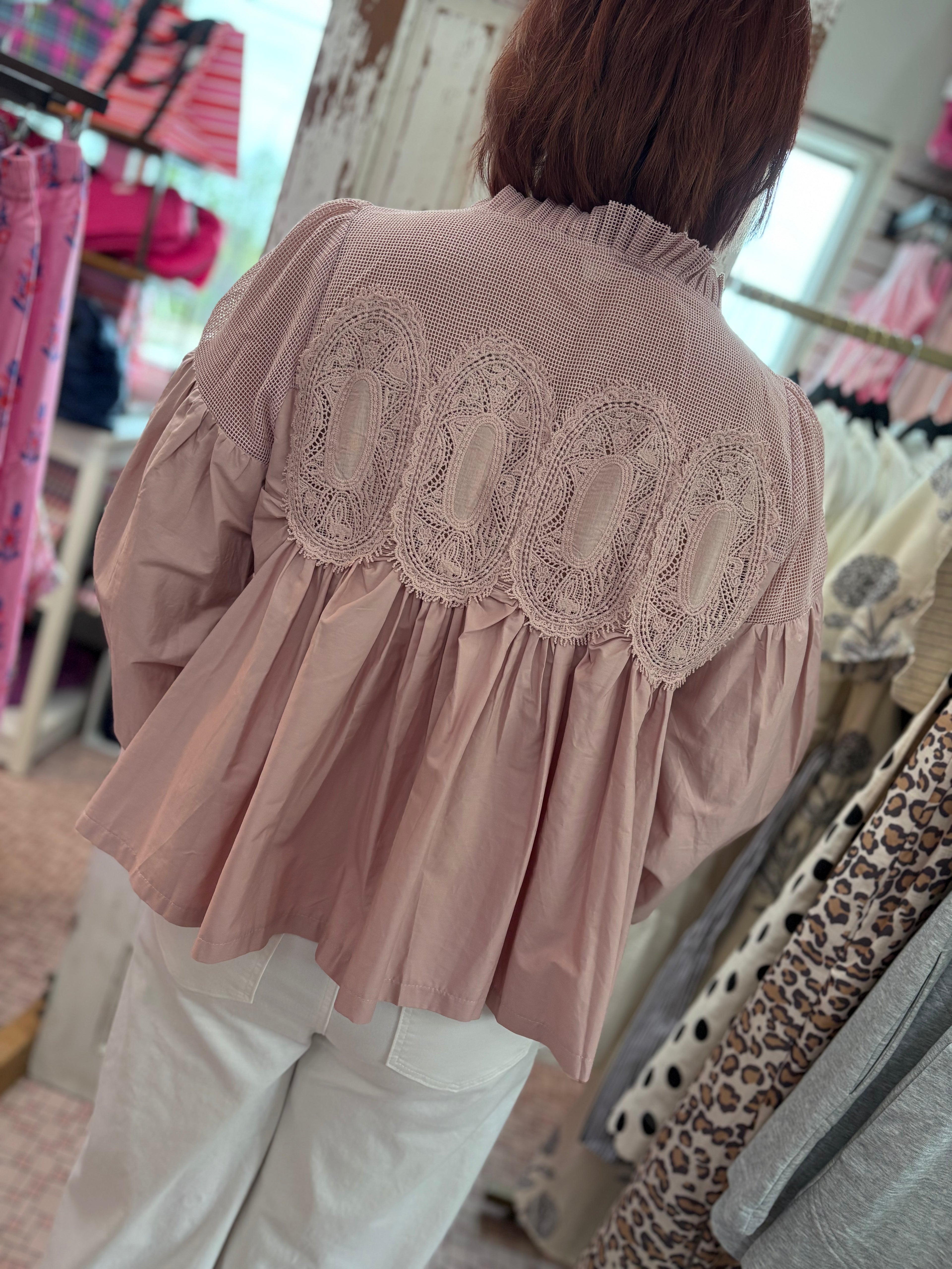 Lace Applique Detail Mixed Media Long Slv Blouse