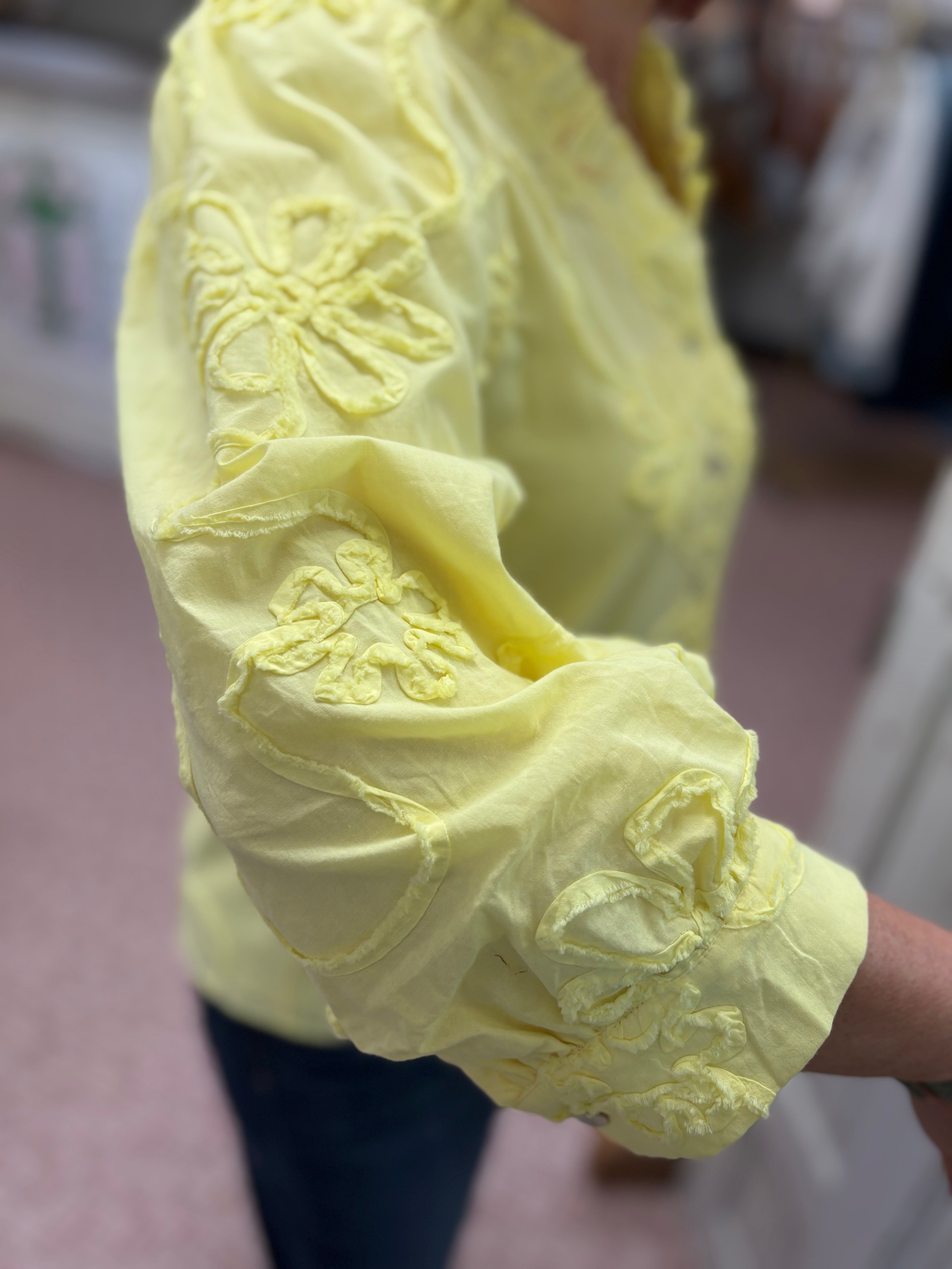 Button Down 3D Floral Top Yellow