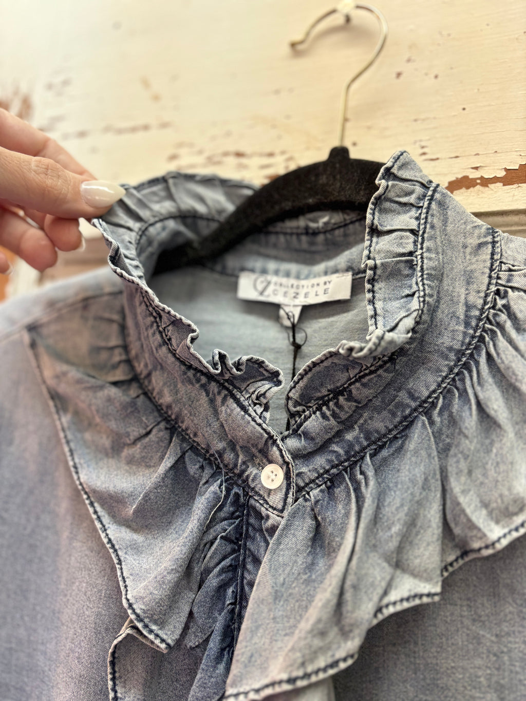 Beau Blue Ruffled Long Sleeve Buttoned Denim Shirt