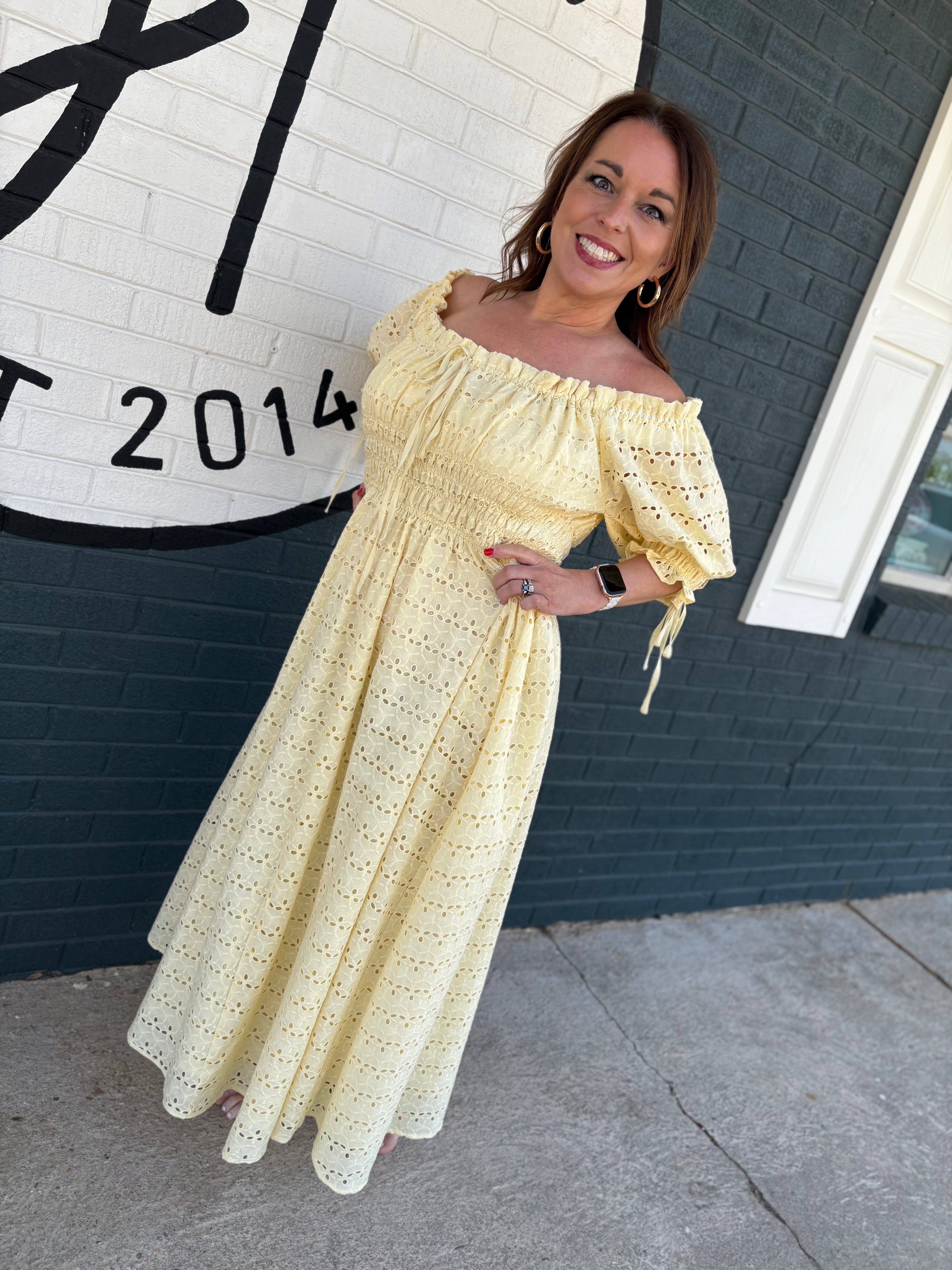 Eyelet Maxi Dress With Smocked Bodice Puff Sleeves
