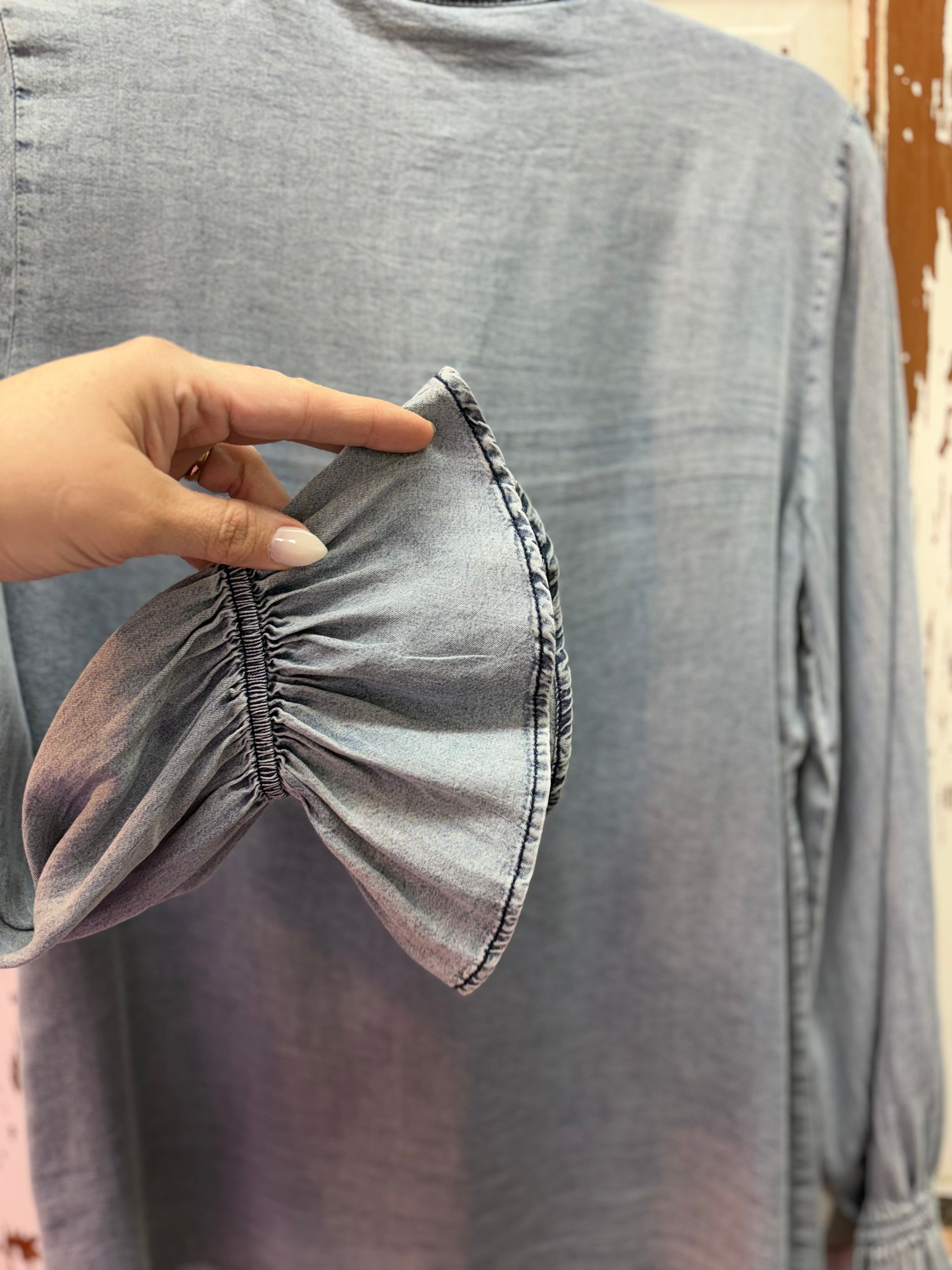 Beau Blue Ruffled Long Sleeve Buttoned Denim Shirt