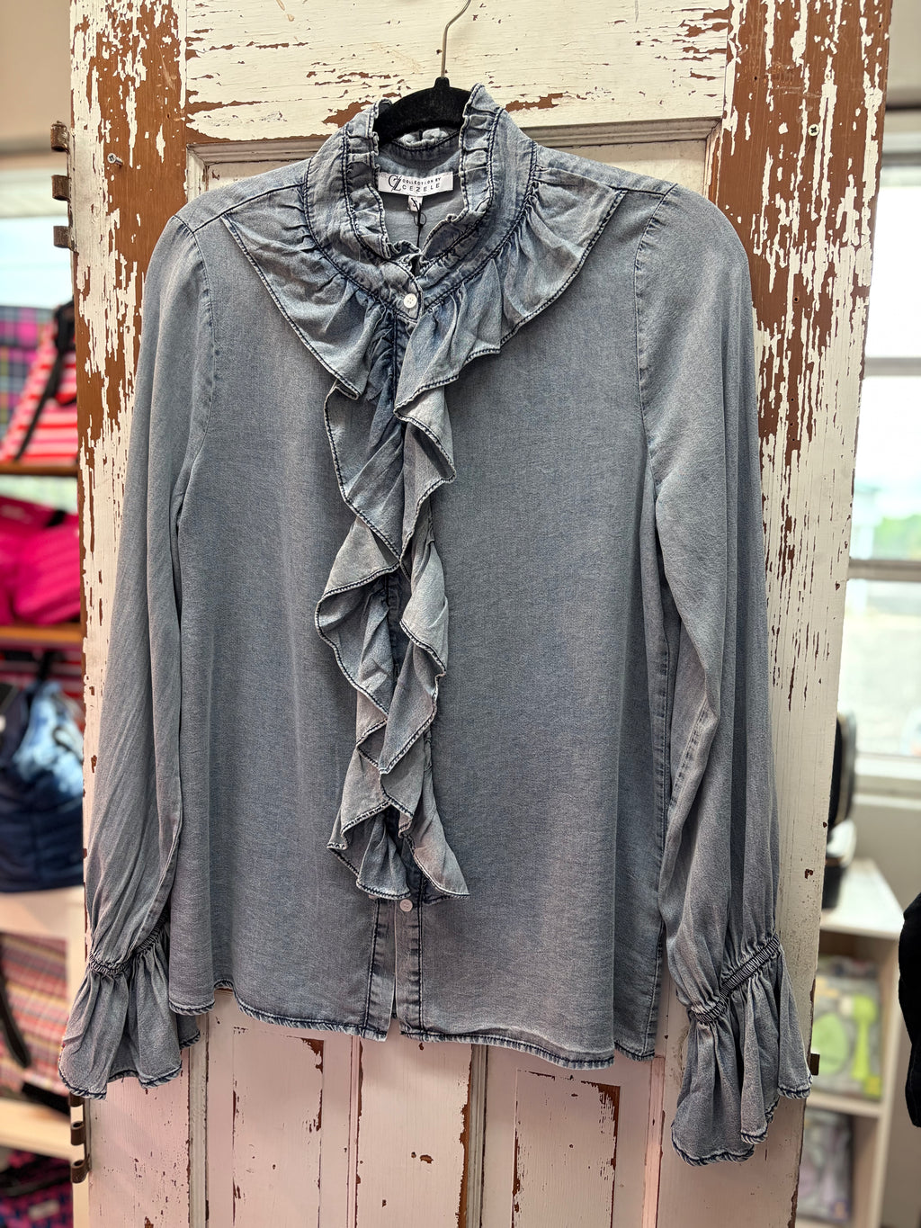 Beau Blue Ruffled Long Sleeve Buttoned Denim Shirt