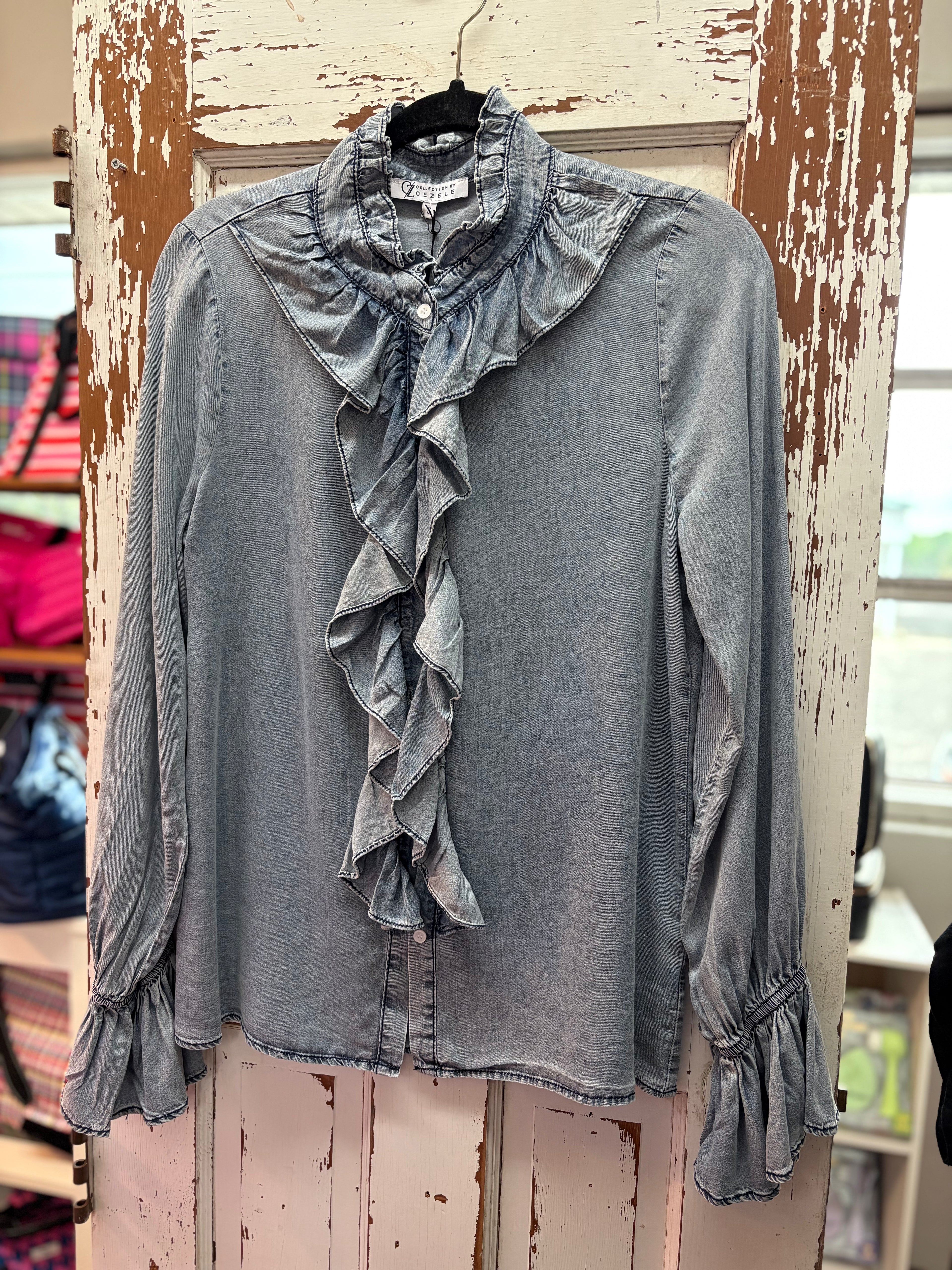 Beau Blue Ruffled Long Sleeve Buttoned Denim Shirt