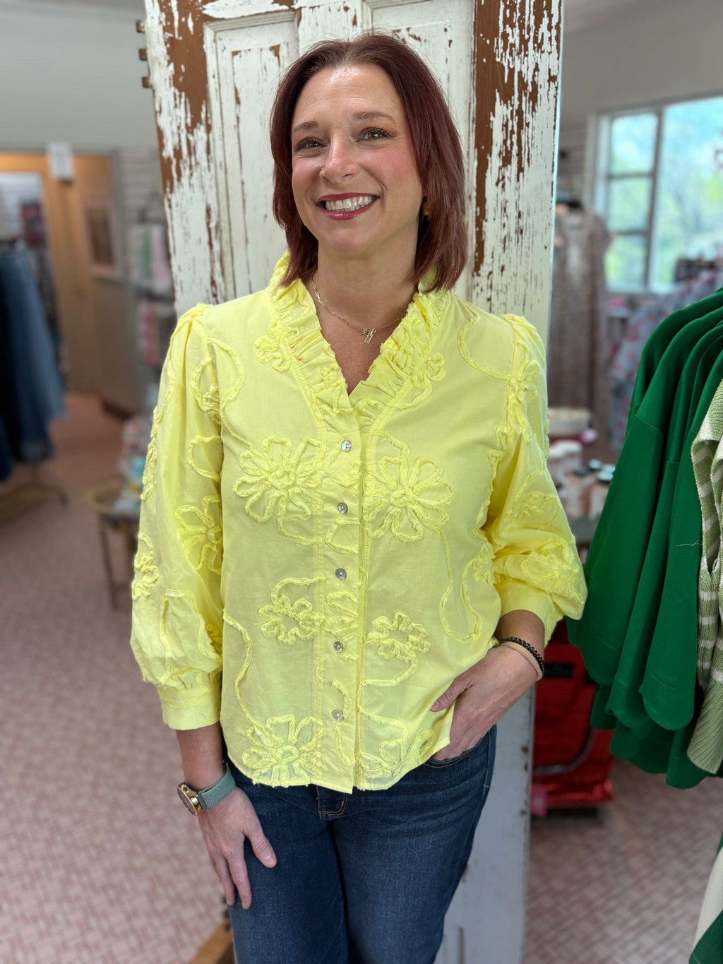 Button Down 3D Floral Top Yellow