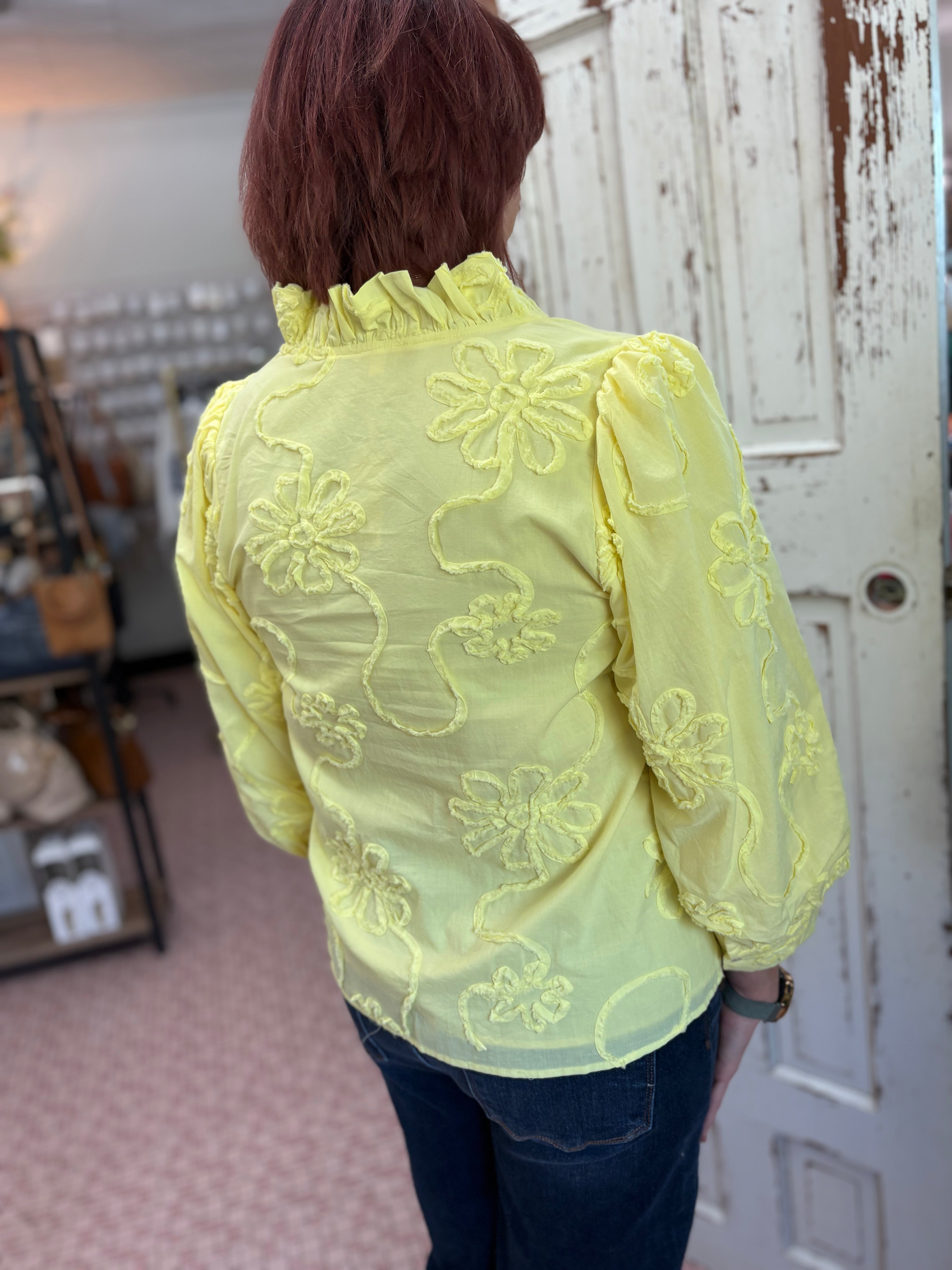 Button Down 3D Floral Top Yellow