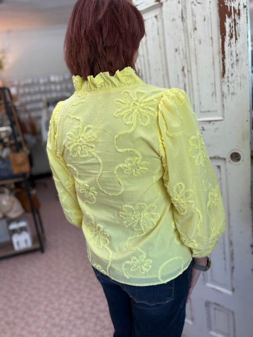 Button Down 3D Floral Top Yellow