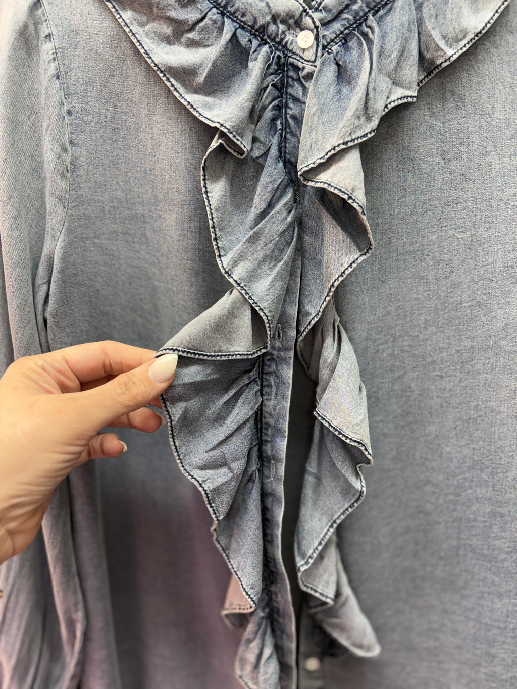 Beau Blue Ruffled Long Sleeve Buttoned Denim Shirt
