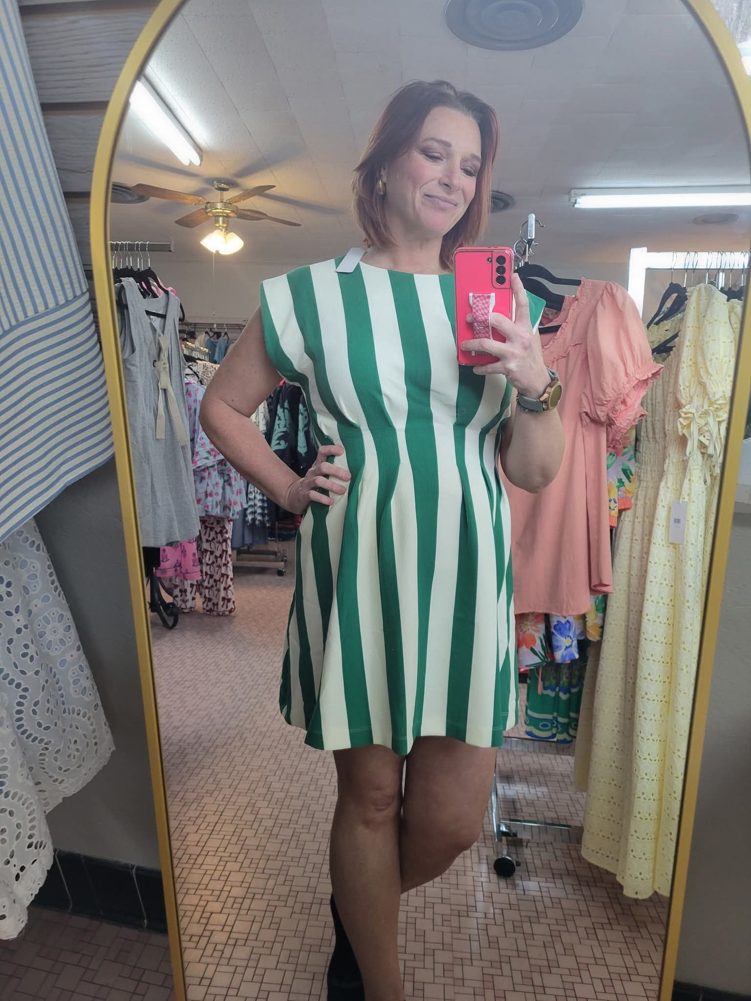 Round Neck Waist Pleated Mini Dress