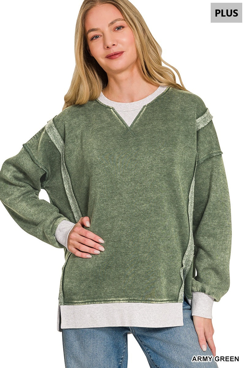 Zenana Plus fleece acid washed contrast trim pullover