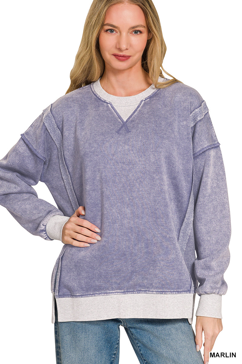 Zenana Fleece acid washed contrast trim pullover top