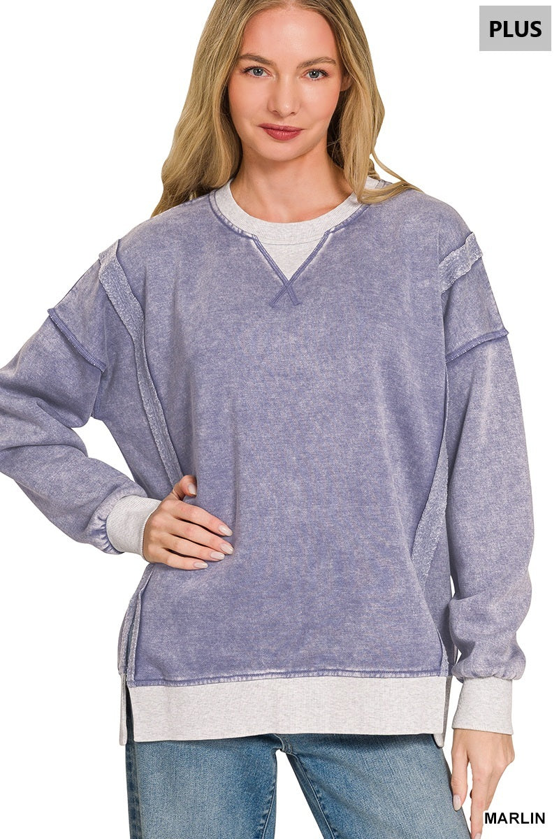 Zenana Plus fleece acid washed contrast trim pullover