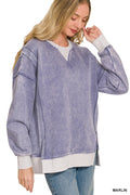 Zenana Fleece acid washed contrast trim pullover top