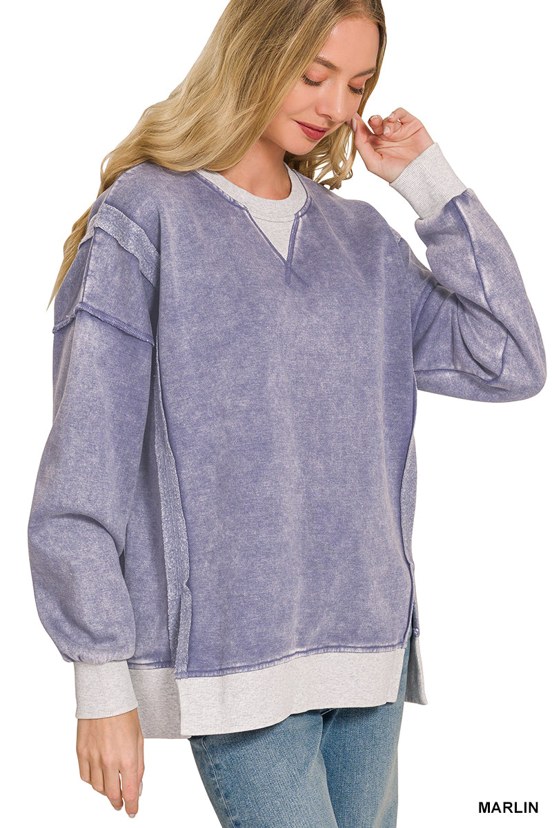 Zenana Fleece acid washed contrast trim pullover top