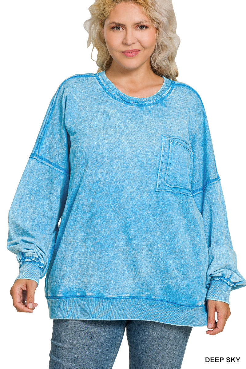 Zenana Plus f/terry acid wash pullover top