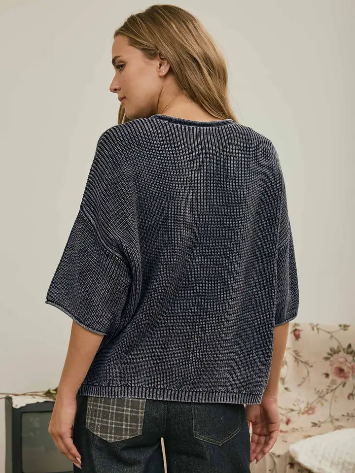 Washed Ribbed Short Sleeve Rolled Edge Cardigan