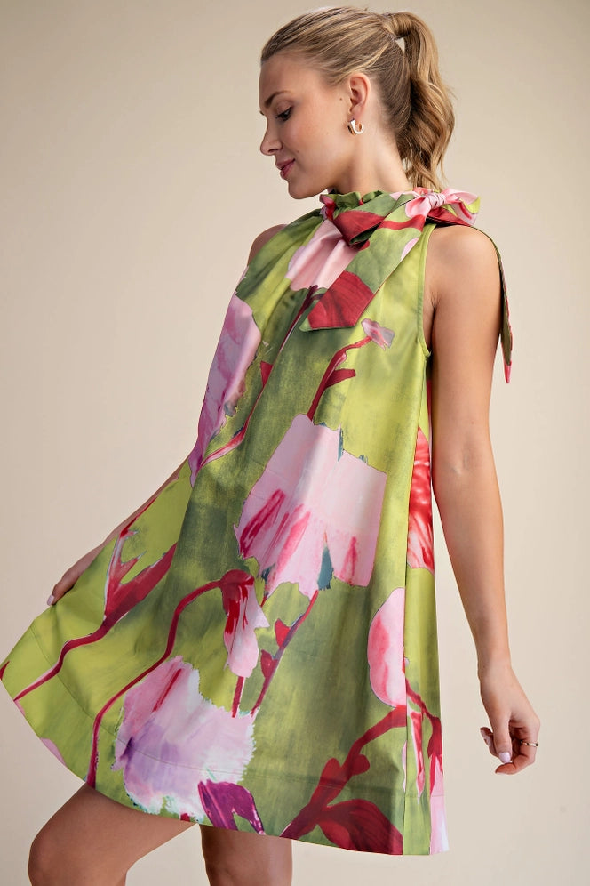 Ruffle Neck Tie Sleeveless Floral Print Mini Dress