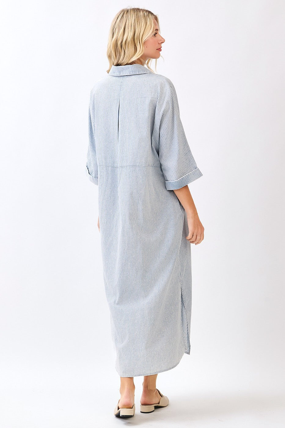 Washed Striped Print Collared Maxi Shirt Dress