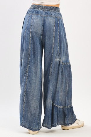 Washed Chambray Tier Detail Wide Leg Pants
