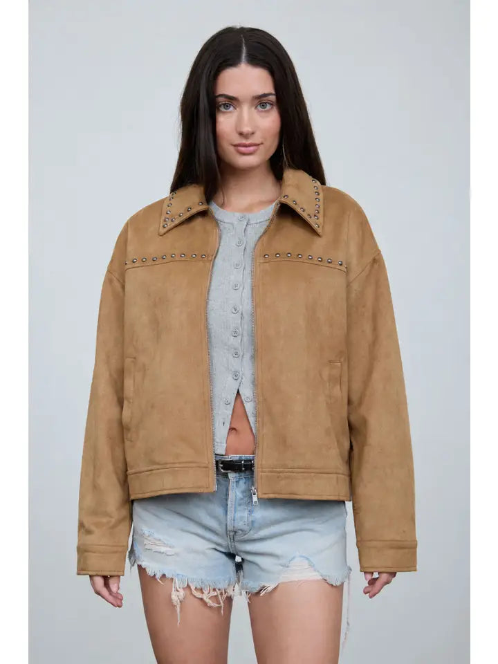 Studded Collared Zip-Up Suede Jacket