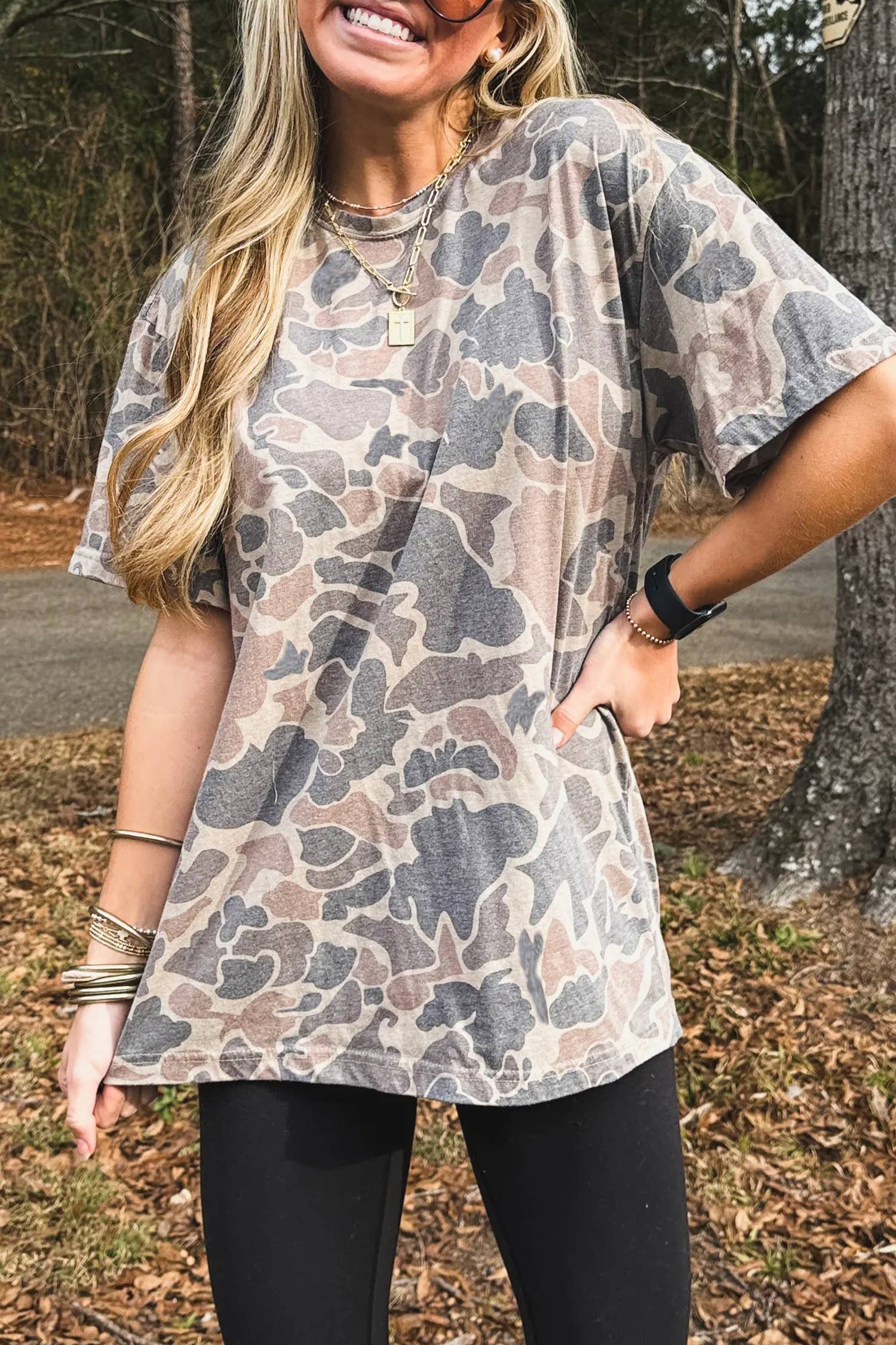 Neutral Camo Print Oversized Casual Crewneck T Shirt