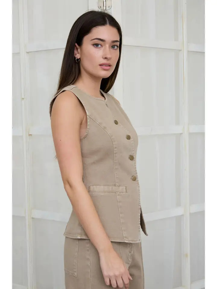 Seam Detail Button Down Denim Vest Top