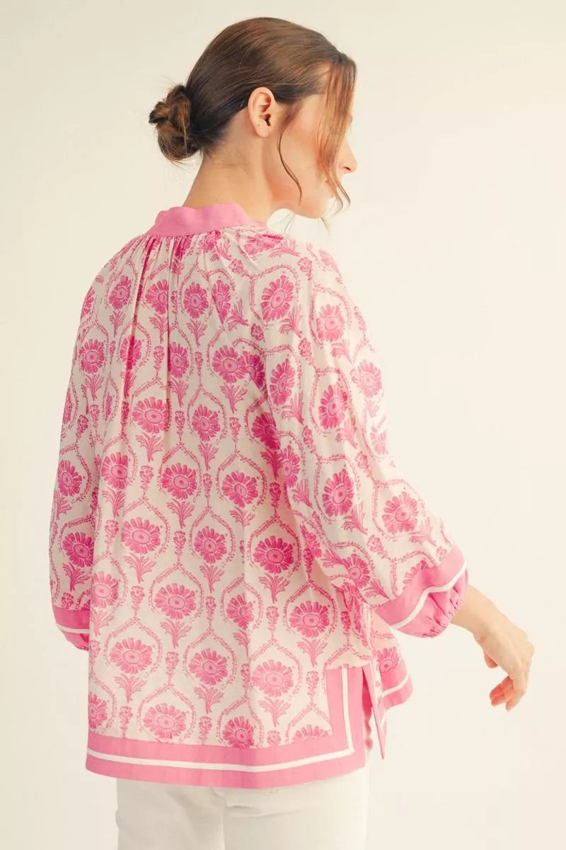 Jodifl Plus size 3/4 puff sleeves boho print top