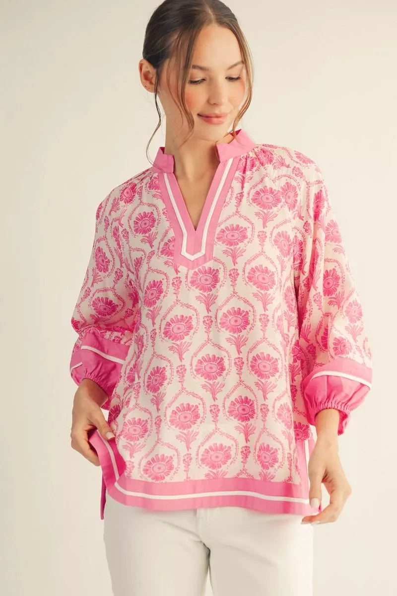 Jodifl Plus size 3/4 puff sleeves boho print top