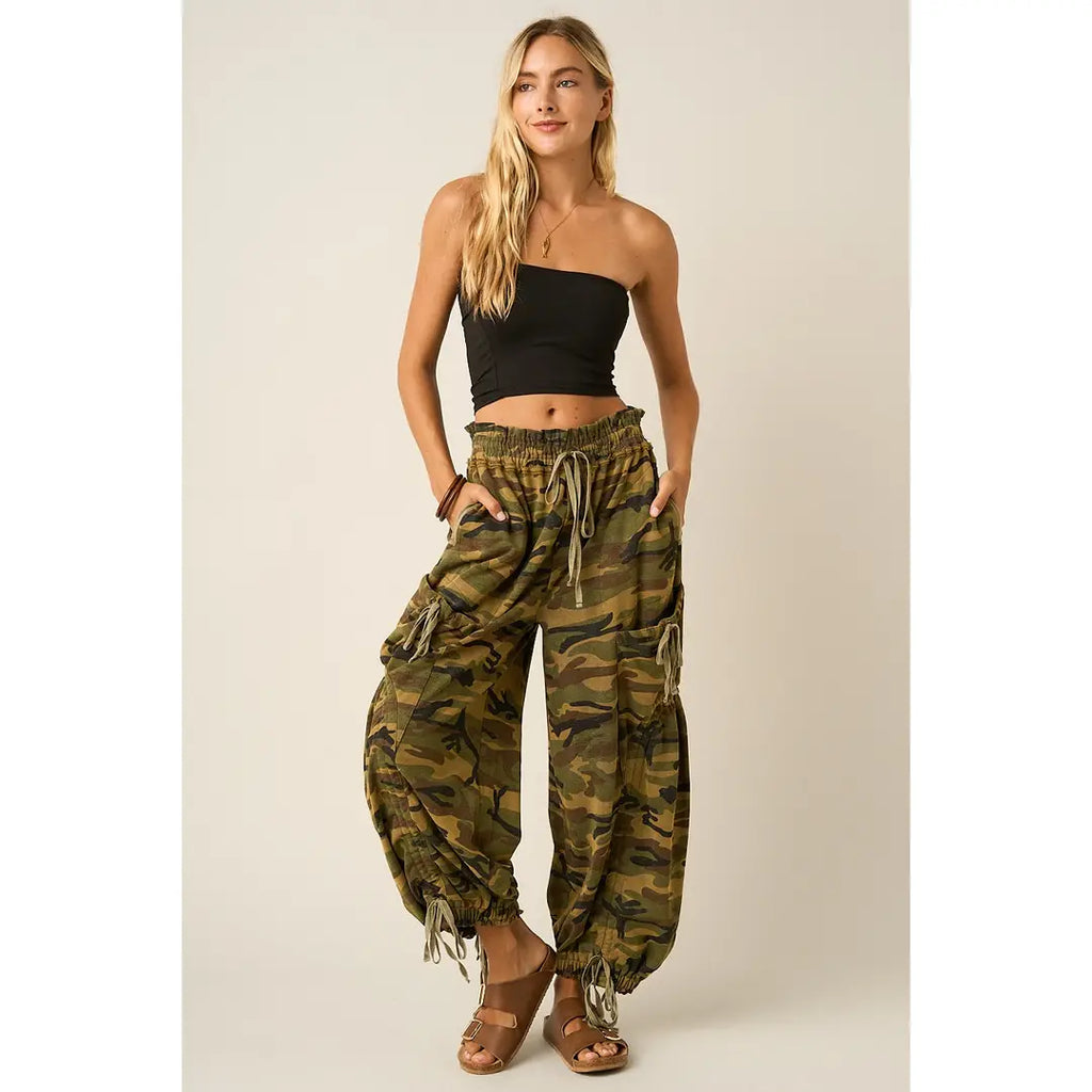Camo Cargo Drawstring Parachute Pants