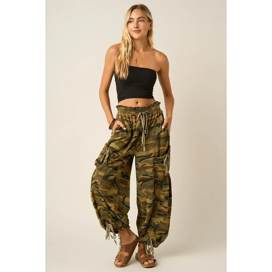 Camo Cargo Drawstring Parachute Pants