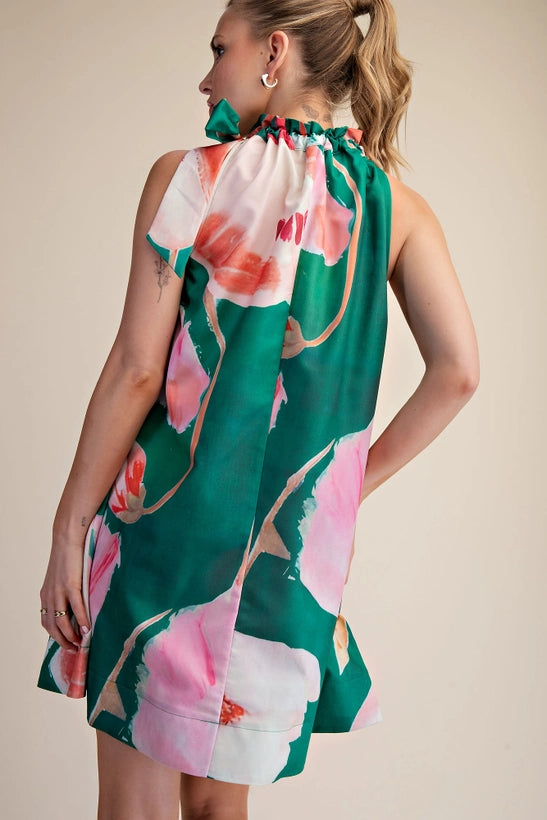 Glam Mini Dress Ruffle Neck Tie Sleeveless Floral Print