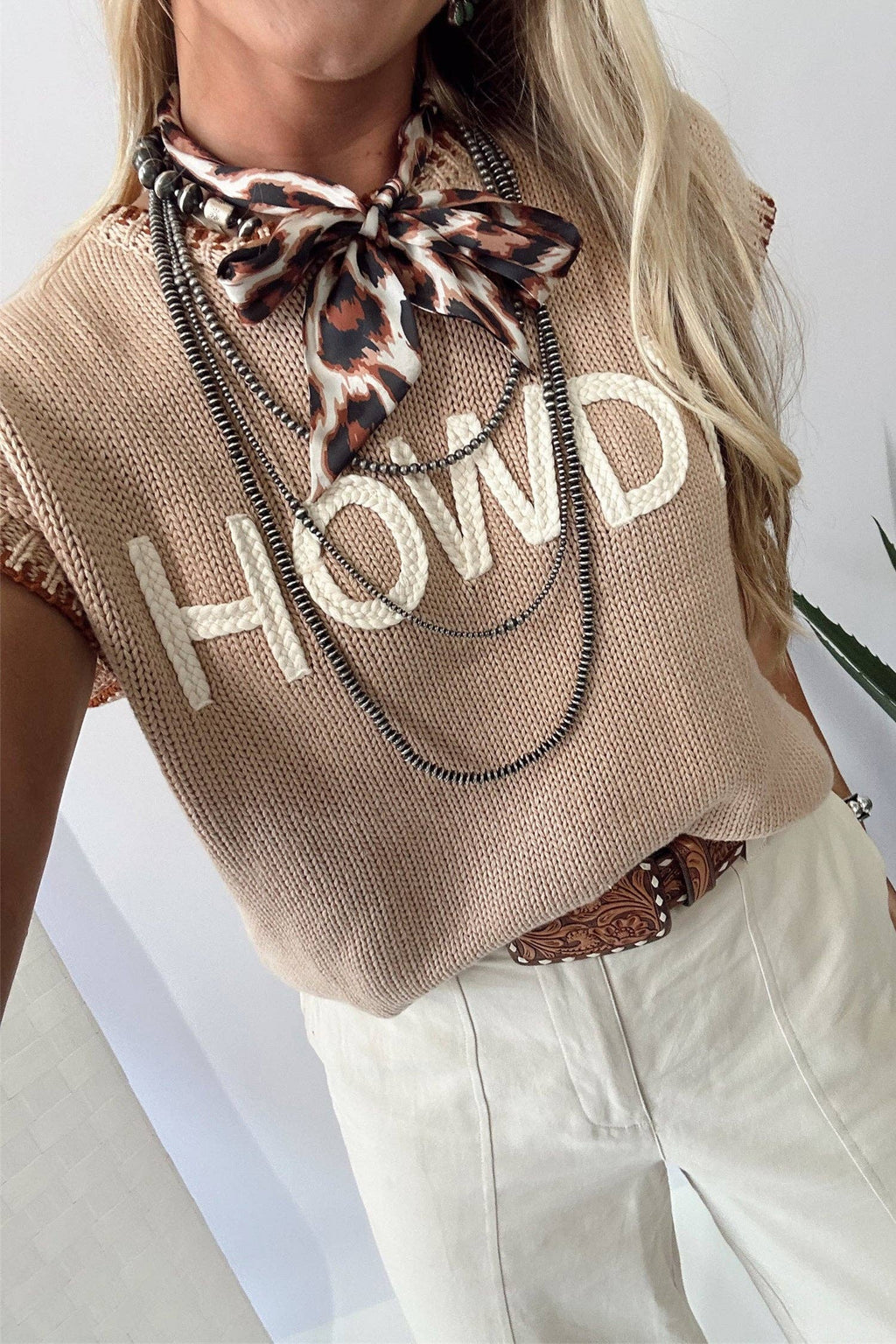 Howdy Western Knit Sweater Vest Contrast Trim Top