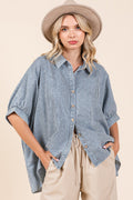 Washed Striped Print Dolman Button Down Shirt
