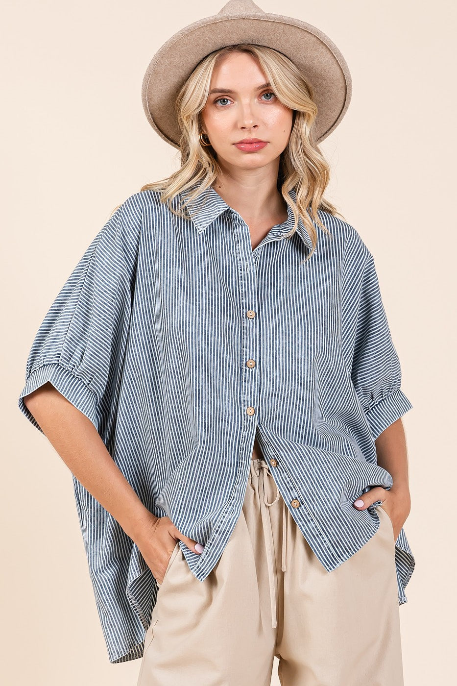 Washed Striped Print Dolman Button Down Shirt