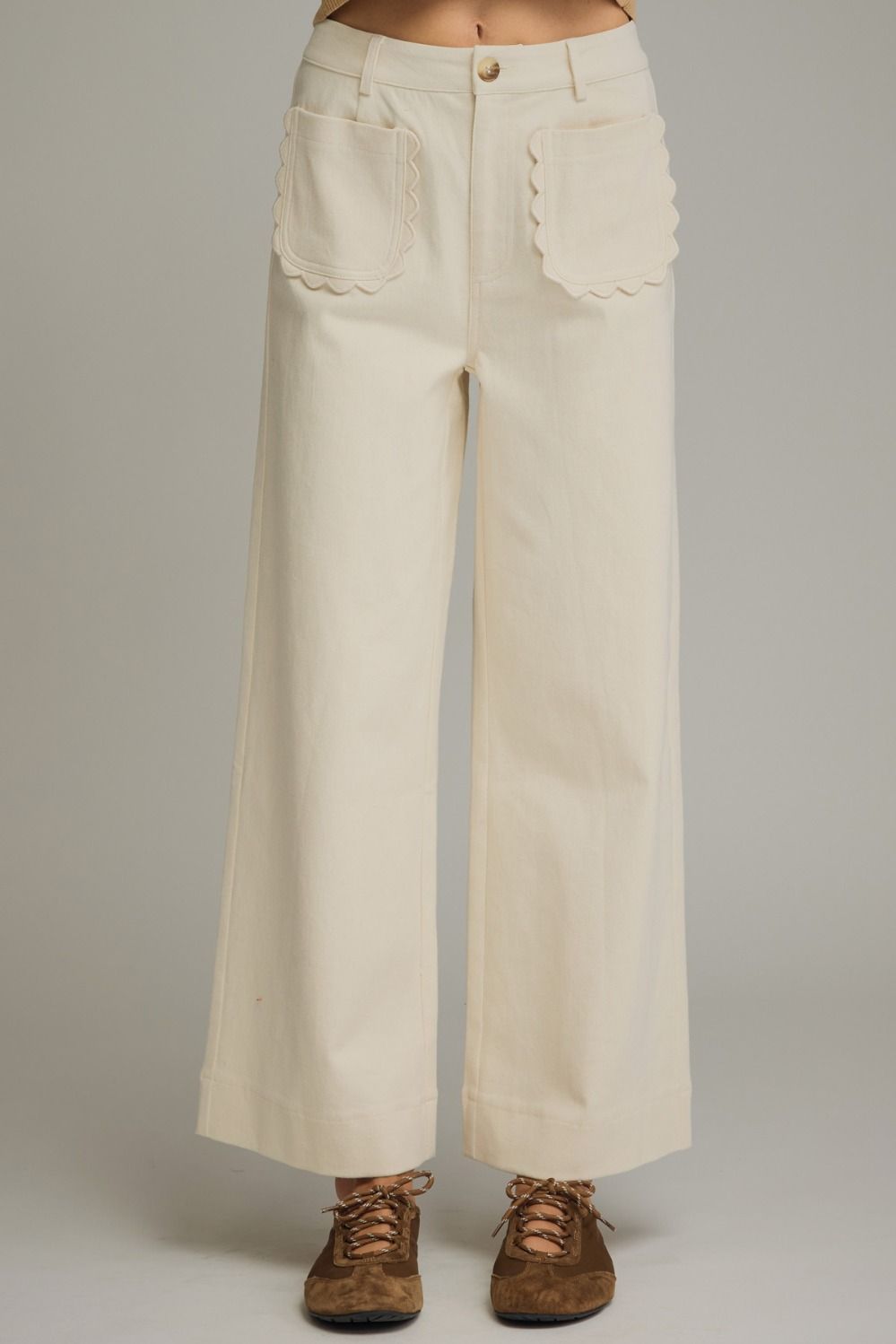 Solid wide leg pants featuring scallop accent trim PLUS