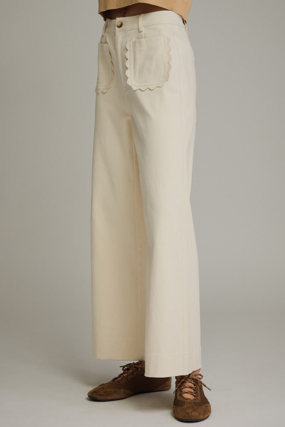 Solid wide leg pants featuring scallop accent trim PLUS
