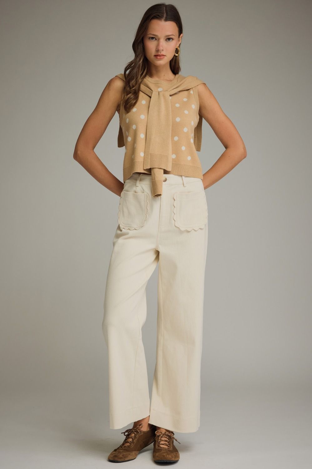 Solid wide leg pants featuring scallop accent trim PLUS