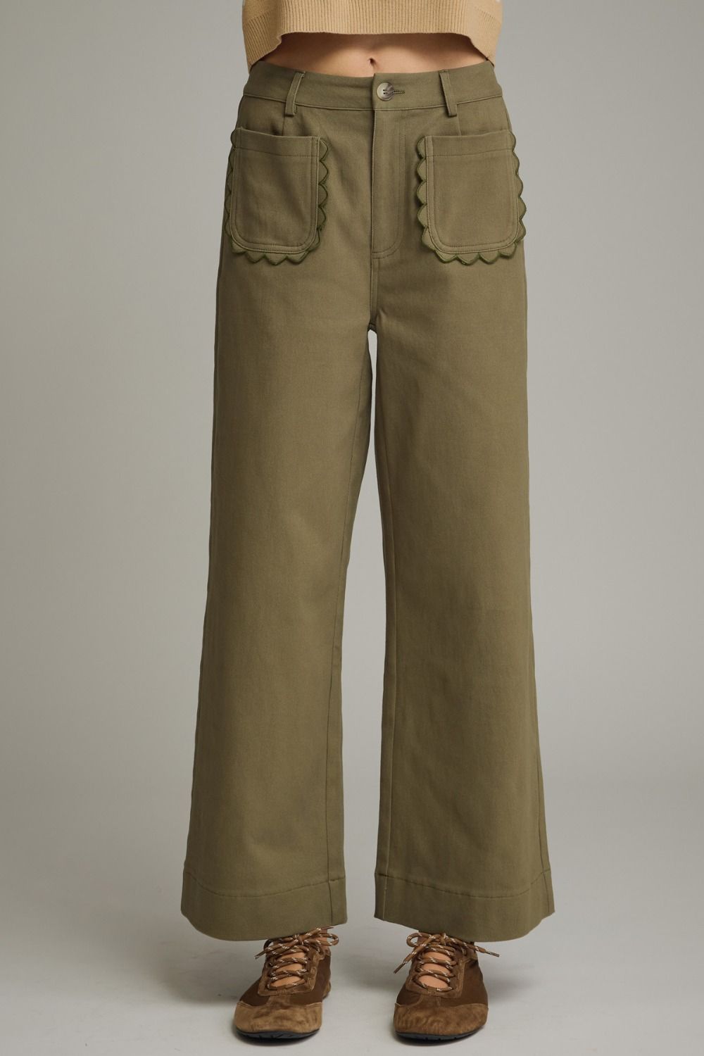 Solid wide leg pants featuring scallop accent trim PLUS