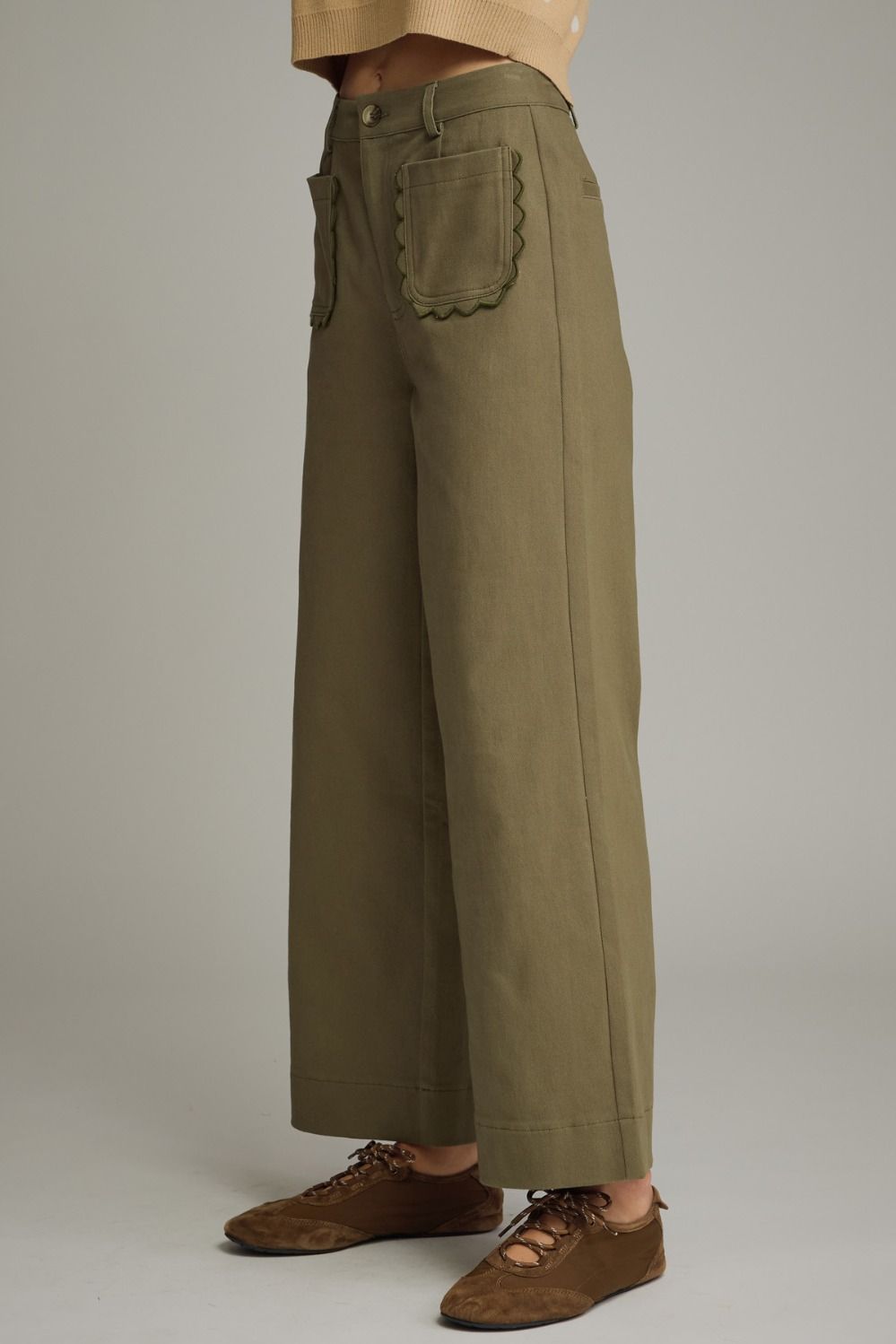 Solid wide leg pants featuring scallop accent trim PLUS